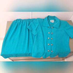 Leslie Fay Teal Blue Short-sleeve Suit Dress Vintage 2 Piece Set, 8P